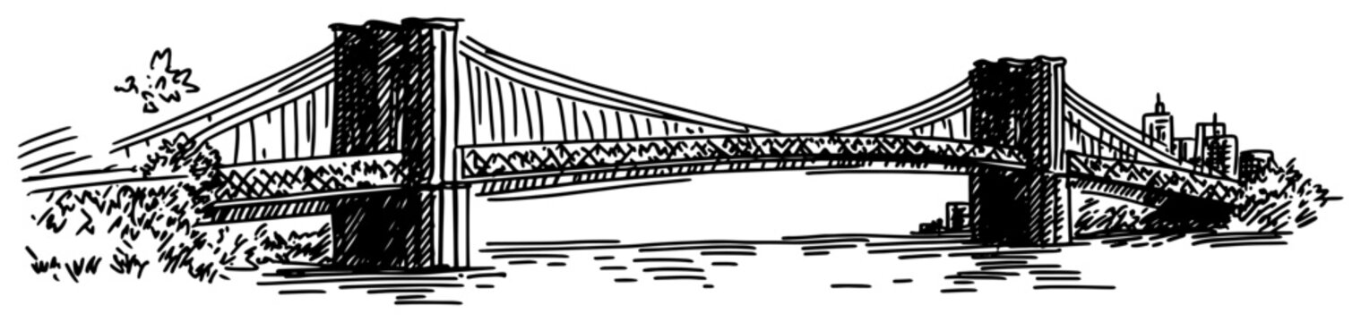 Panoramic sketch of a large suspension bridge crossing the river