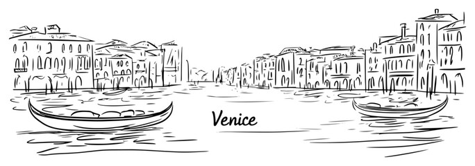 Panoramic view of Venice with gondolas on the canal hand drawn sketch © Katarzyna