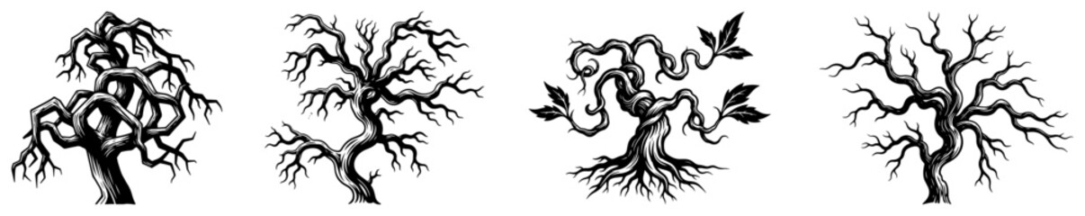 Collection of gnarled and twisted bare trees in ink drawing style