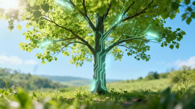 Digital energy network integrated into living tree in green landscape