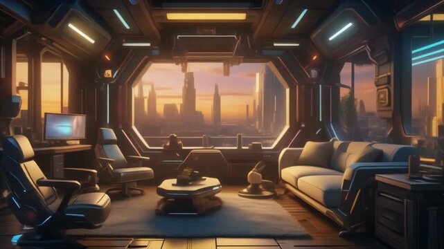 Futuristic spaceship interior lounge with panoramic view of a sci-fi city at sunset, advanced technology and comfortable seating.
