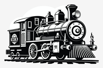 Vintage steam locomotive train black and white illustration railroad transportation retro travel journey