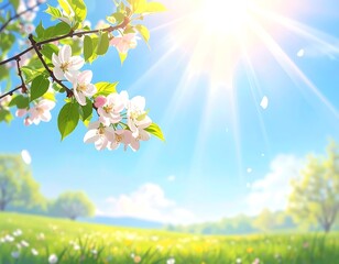 A sunny day in a field with blooming flowers and lush greenery under a bright blue sky