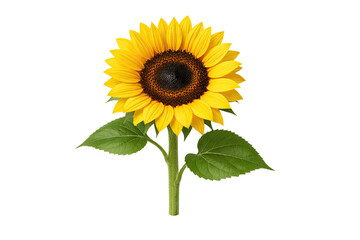 Obraz premium A sunflower with a brown center and yellow petals is shown with green leaves attached to a green stem on a white surface