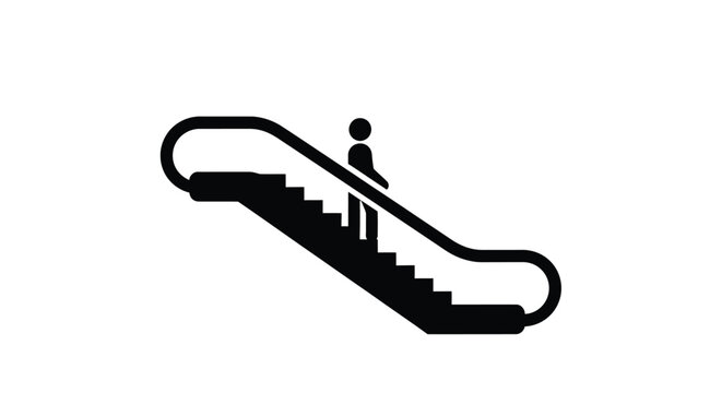 Simple black and white pictogram of a person riding an escalator