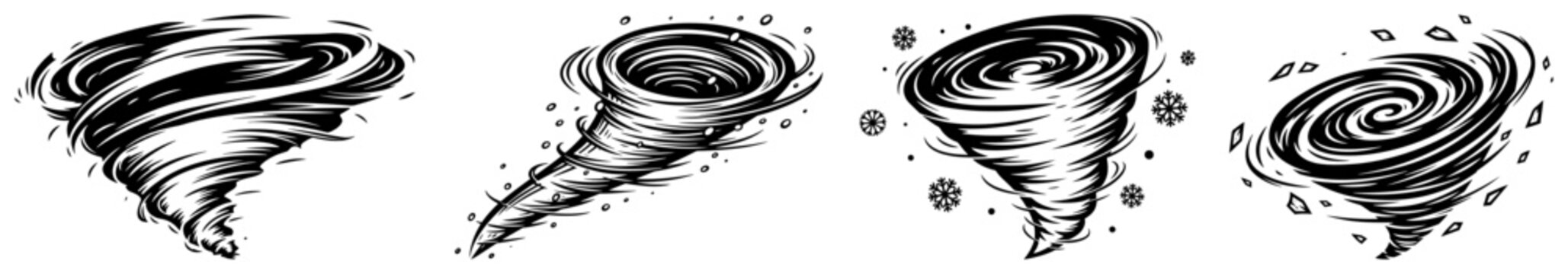 Hand drawn sketch set of tornado and whirlwind storm disasters