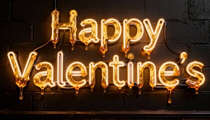 Fototapeta premium Glowing Happy Valentine's neon sign casting warm glow in dim venue on black-brick wall with wires