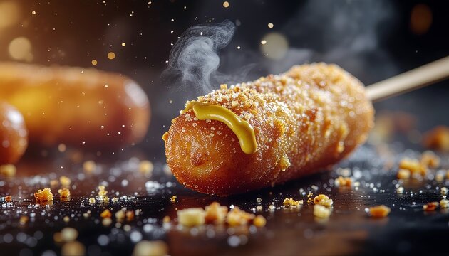 A steaming hot corn dog on a stick with mustard and seasonings on a dark surface
