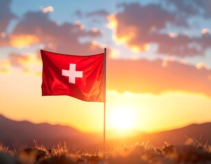 A Swiss flag waving in the wind during a serene sunset