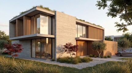 Modern concrete and wood residential building with green roof and large windows