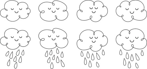 Naklejka premium Set of cute hand-drawn black and white cloud outlines with happy faces and rain drops