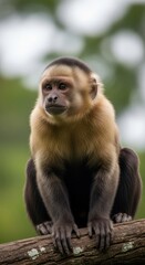 Obraz premium Capuchin monkey perched on a branch, looking intently at something.