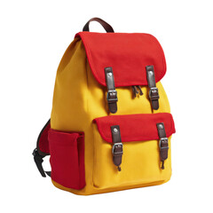 A vibrant yellow and red backpack with black buckles on a solid black background
