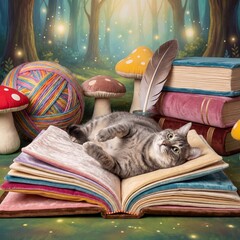 Whimsical striped cat rests comfortably on an open colorful book surrounded by whimsical mushrooms and fairy lights