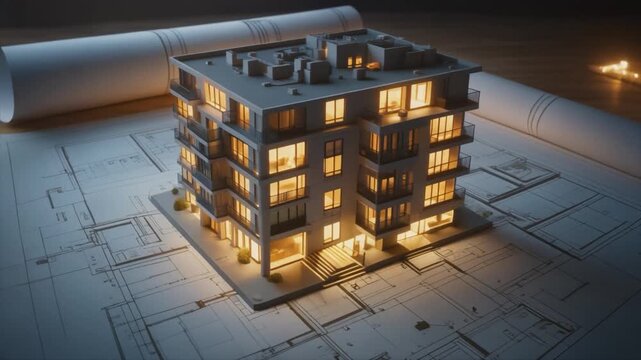 Architectural model of a contemporary apartment building with illuminated windows, resting on blueprints, evening glow.