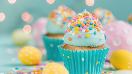Festive cupcake with blue frosting and colorful sprinkles, surrounded by pastel decorations and bokeh lights