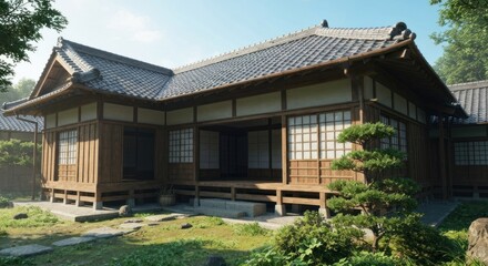 Fototapeta premium Japanese-style wooden house with a tiled roof, surrounded by lush green foliage