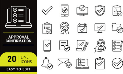 A Collection of 20 Line Icons Representing Approval, Confirmation, and Verification Processes