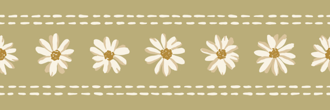 Romantic meadow wildflower vector seamless pattern horizontal border with chamomile and stitches. Hand-drawn daisies. Vintage cottagecore neddlework floral design for farmhouse textiles, rustic
