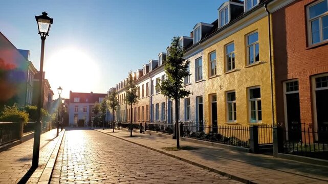Residential Street View with Yellow and Orange Houses Under Bright Sunlight and Cobblestone Road During Day Time For