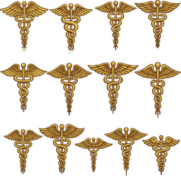 Create a kinds of deferent realistic Gold Caduceus - medical symbol vector art with white background..