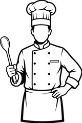 Black and white vector illustration of a chef in uniform holding a large spoon and wearing a toque blanche hat.