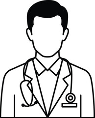 A minimalist line art icon of a doctor wearing a lab coat with a stethoscope and a caduceus symbol.