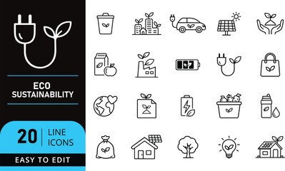 Eco Sustainability Icons: A Collection of 20 Line Graphics for Environmental Awareness and Green Initiatives