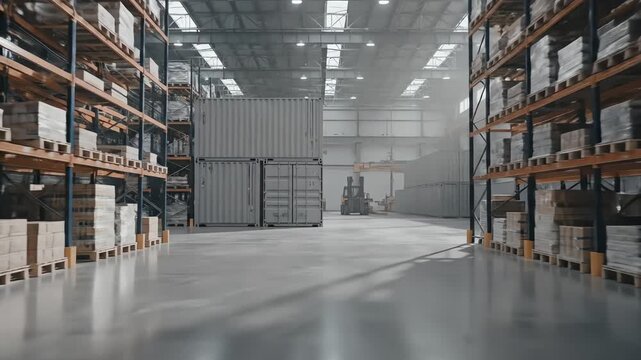 Rows of Industrial Shelving and Storage Containers in a Large Warehouse with Forklift Activity Illuminated by Overhead