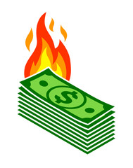 simple burning stack bundle of green bank currency cash money dollar bills icon vector isolated on transparent background