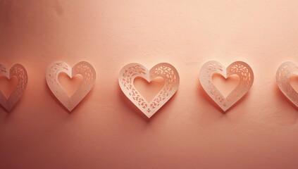 Fototapeta premium Displaying row of five paper-cut hearts casting soft shadows on peach wall, with lacy filigree