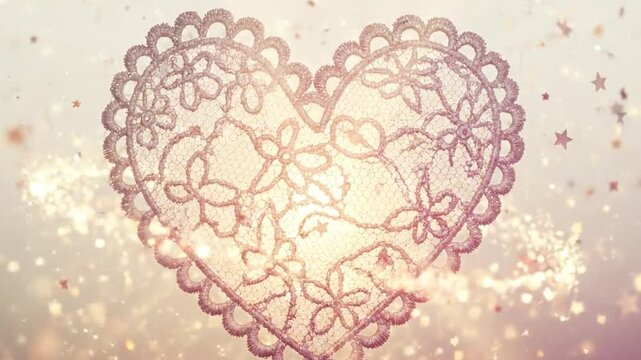 Floating pink stardust coalescing forming vintage lace heart. Valentines Day