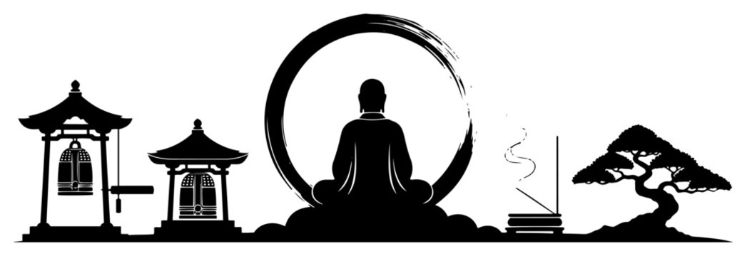 Buddha meditating silhouette with zen enso circle and traditional Japanese icons