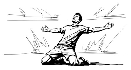 Hand drawn sketch of a soccer player celebrating a goal on his knees with arms wide open © Katarzyna