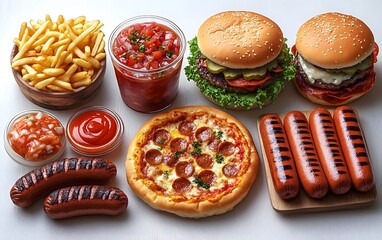 A variety of fast food items including burgers, hot dogs, pizza, fries, and condiments are arranged on a white surface for a meal or snack