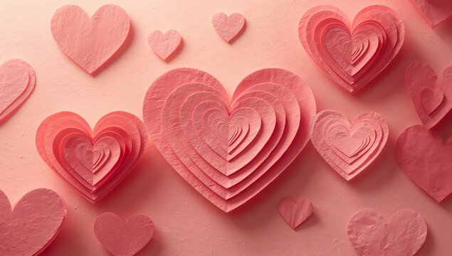 Showing central concentric layered paper heart on textured backdrop, with scattered stacked hearts