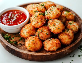 A wooden plate piled high with crispy fried food balls garnished with green herbs served with a side of marinara sauce