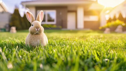 Cute rabbit in lush green grass, modern house bathed in golden sunlight, peaceful garden scene