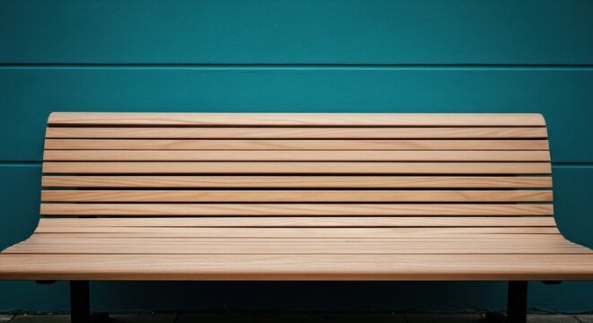 Wooden bench with horizontal slats against a teal paneled wall. Natural light