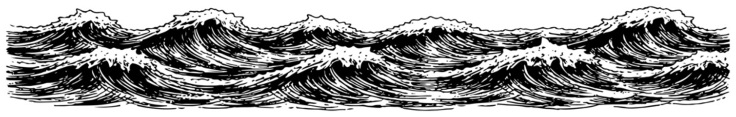 Hand drawn sketch of repetitive ocean waves in vintage etching style © Katarzyna