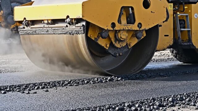 Yellow Road Roller Compacting Asphalt on Highway Construction Site Heavy Equipment Paving Material Smooth Surface Civil