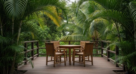 Fototapeta premium Wooden deck with table & chairs surrounded by lush tropical vegetation