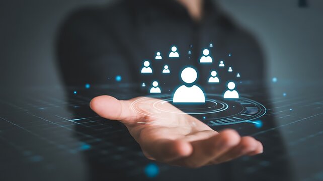 Digital outreach and engagement visualizing a hand interacting with a network of interconnected user icons, representing connection and community