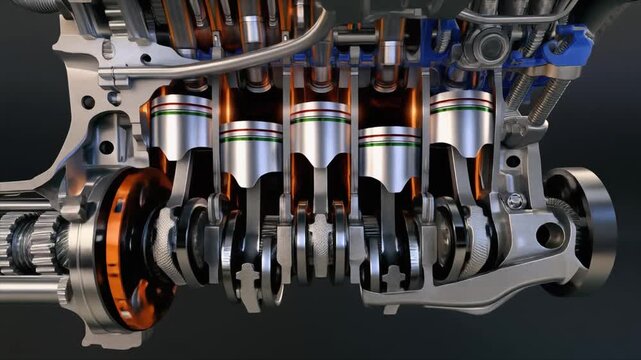 Internal Combustion Engine Cutaway Animation with Moving Pistons