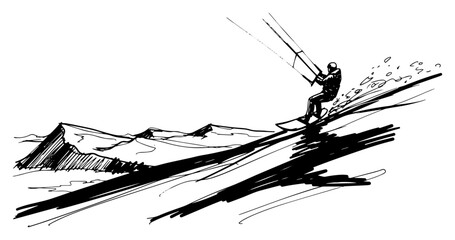 Hand drawn ink sketch of a person snowkiting on a winter mountain slope © Katarzyna