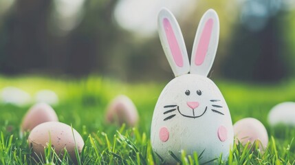 Cheerful Easter Bunny Egg in Green Grass with Pastel Eggs for Spring Holiday Celebration