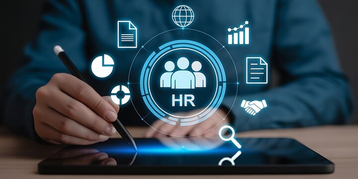 Digital human resources management concept shown with a hand using a tablet, highlighting strategic HR processes and talent acquisition