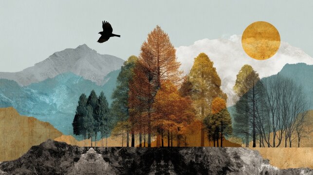 Surreal landscape with trees, mountains, and bird silhouette against abstract sun.