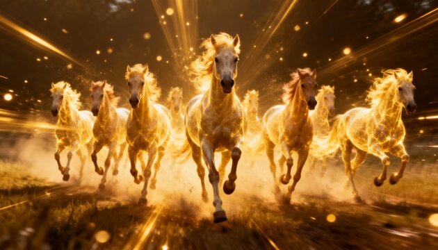 Galloping herd of seven glowing horses charging toward viewer across grassy plain, with dust, light