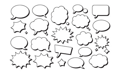 Fototapeta premium Set of black outline comic book speech bubbles, thought clouds, starbursts, and graphic elements